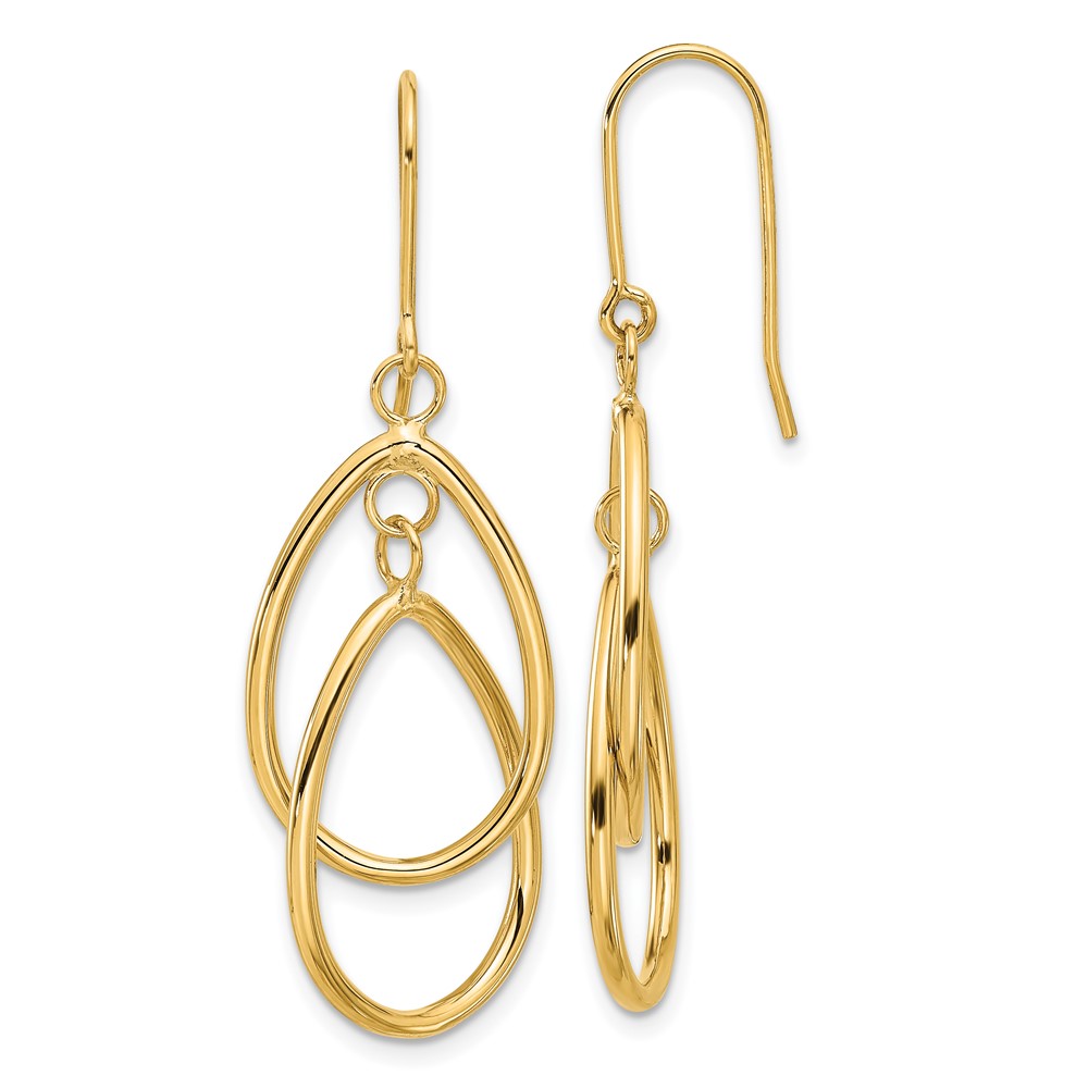 14K Yellow Gold Polished Double Teardrop Dangle Wire Earrings