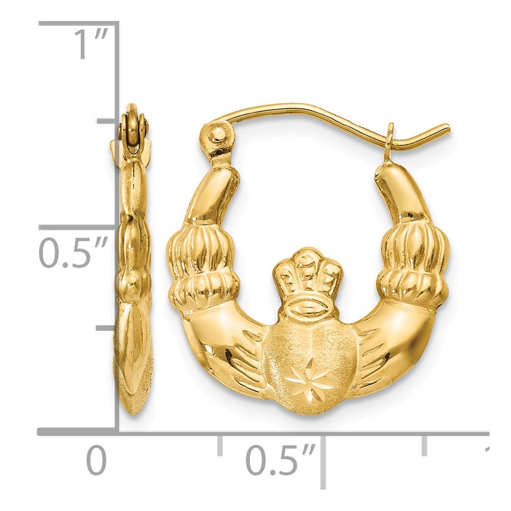 14k Polished and Satin Claddagh Hoop Earrings (TE419)