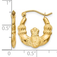 14K Yellow Gold Polished and Satin Claddagh Hoop Earrings view 4