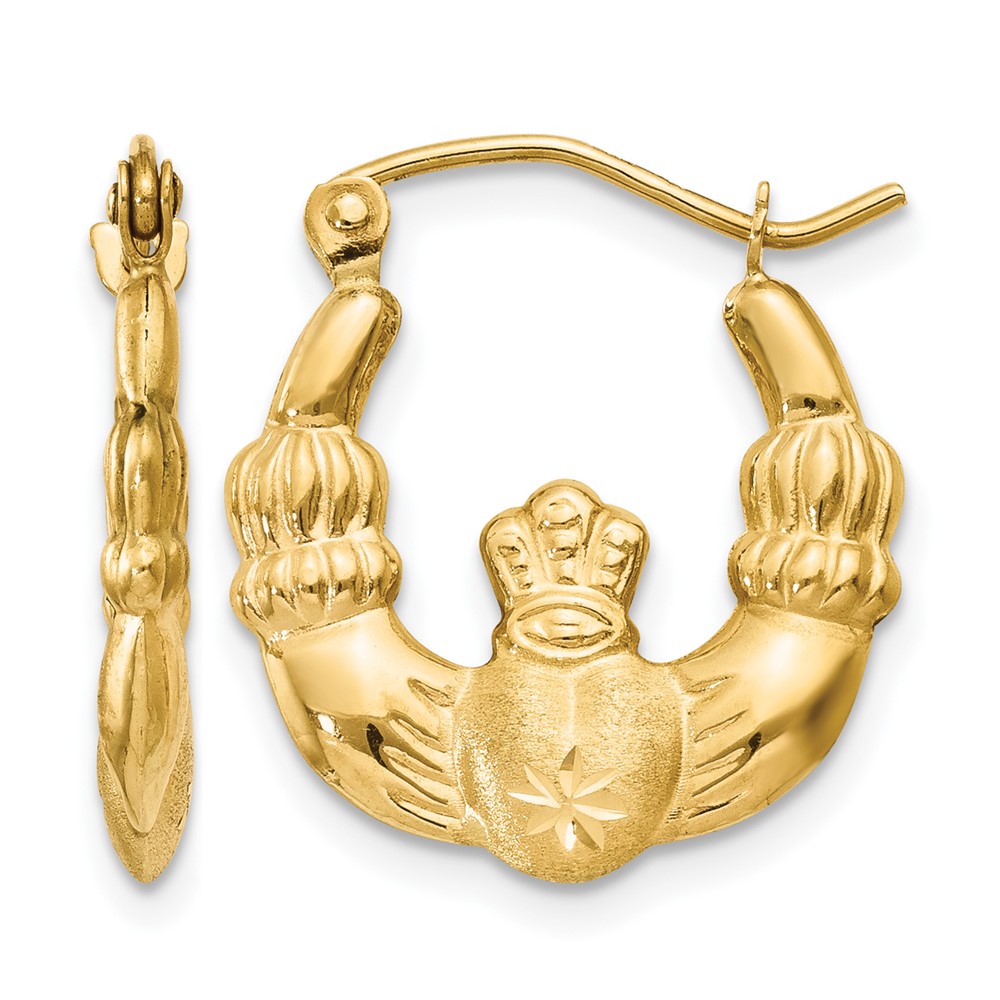 14k Polished and Satin Claddagh Hoop Earrings (TE419)