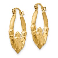 14K Yellow Gold Polished and Satin Claddagh Hoop Earrings view 2