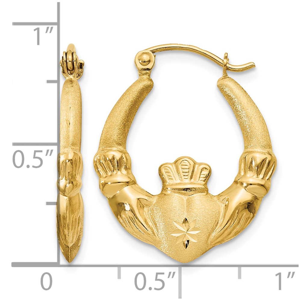 14k Polished and Satin Claddagh Hoop Earrings (TE420)
