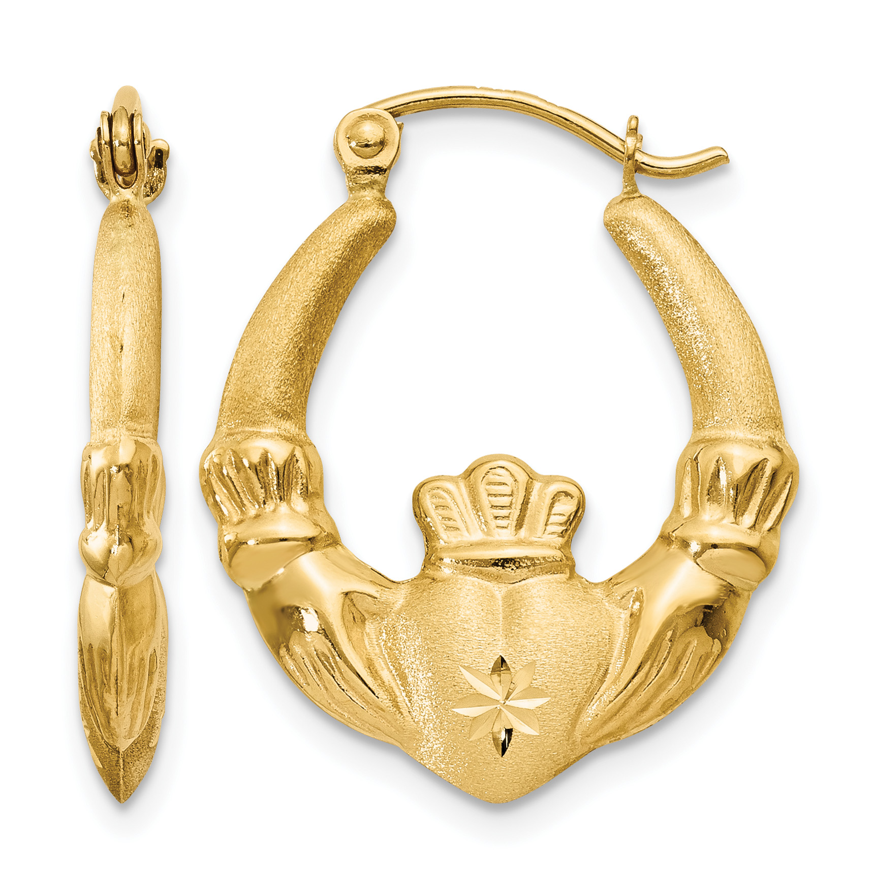 14k Polished and Satin Claddagh Hoop Earrings (TE420)