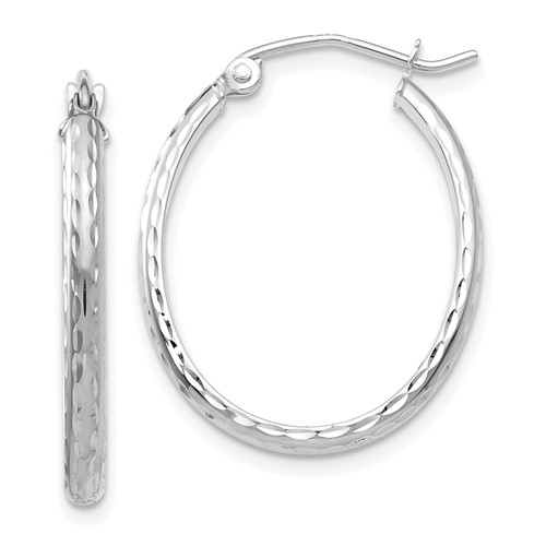 14k White Gold 2.5x25mm Lightweight Diamond-cut Oval Tube Hoop Earrings