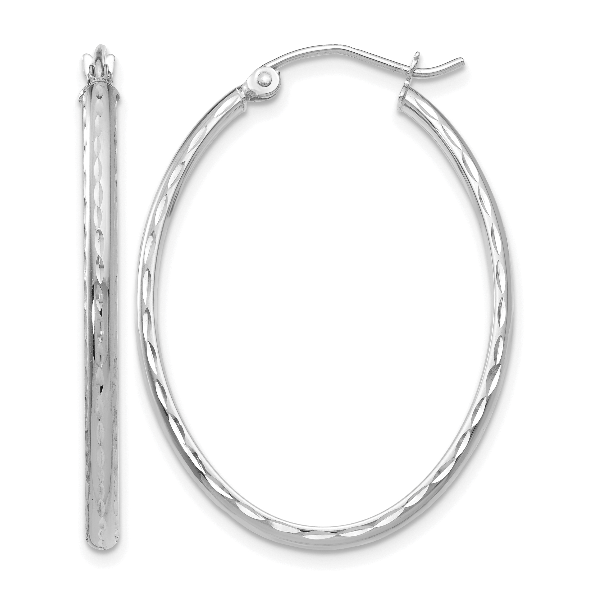 14k White Gold Lightweight Diamond-cut Oval Hoop Earrings (TE514W)