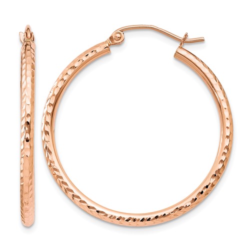14K Rose Gold 2x 30mm Diamond-cut Polished Tube Hoop Earrings
