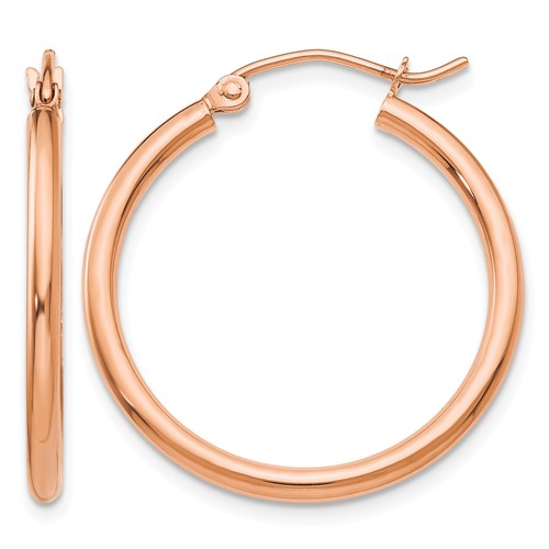 14K Rose Gold 2x 25mm Polished Lightweight Tube Hoop Earrings
