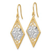 14K and White Rhodium Diamond-Shape Filigree Dangle French Hook Earrings view 2