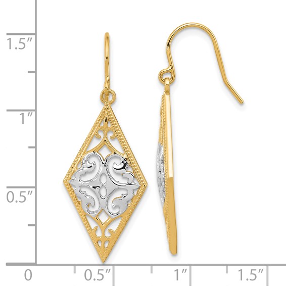 14K and White Rhodium Diamond-Shape Filigree Dangle French Hook Earrings