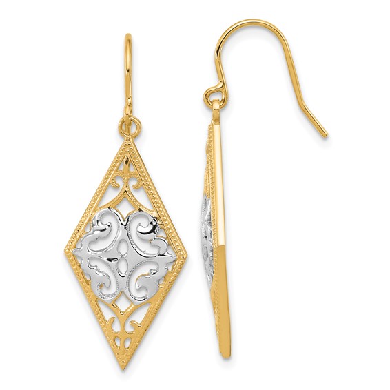 14K and White Rhodium Diamond-Shape Filigree Dangle French Hook Earrings