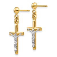 14K Two-tone Hollow Crucifix Dangle Post Earrings view 2