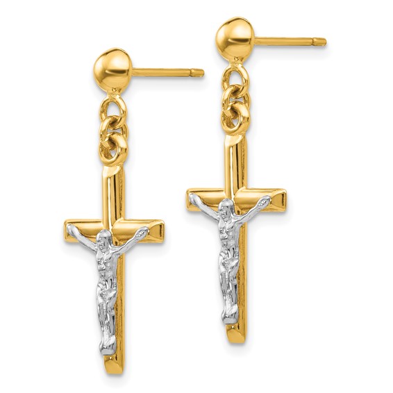 14k Two-tone Hollow Crucifix Dangle Post Earrings