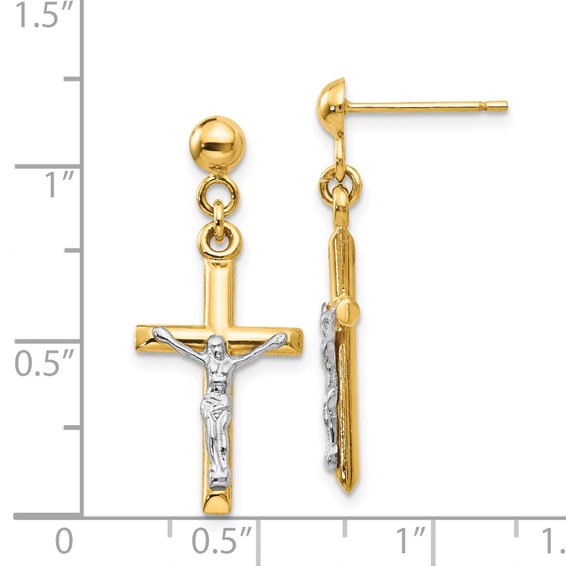 14k Two-tone Hollow Crucifix Dangle Post Earrings