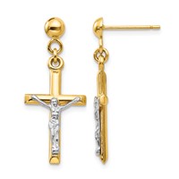 14K Two-tone Hollow Crucifix Dangle Post Earrings view 1