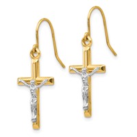14K Two-tone Polished Crucifix Dangle French Hook Earrings view 2