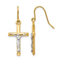 14K Two-tone Polished Crucifix Dangle French Hook Earrings view 1