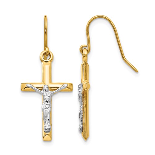 14K Two-tone Polished Crucifix Dangle French Hook Earrings