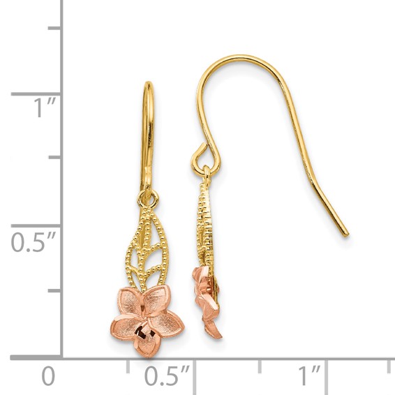 14K Two-tone Fancy Plumeria Dangle French Wire Earrings