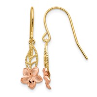 14K Two-tone Fancy Plumeria Dangle French Wire Earrings view 1