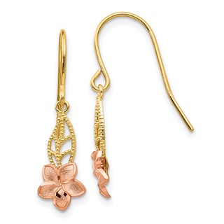 14K Two-tone Fancy Plumeria Dangle French Wire Earrings