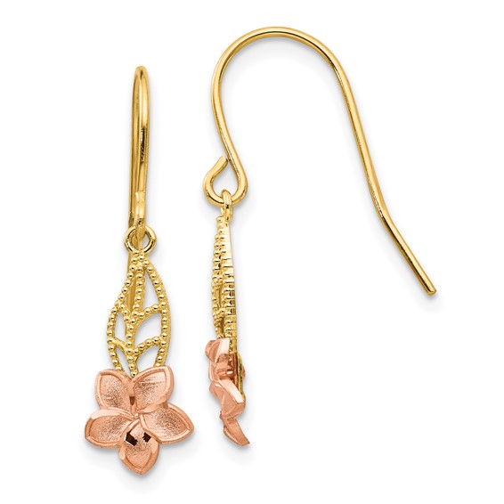 14K Two-tone Fancy Plumeria Dangle French Wire Earrings