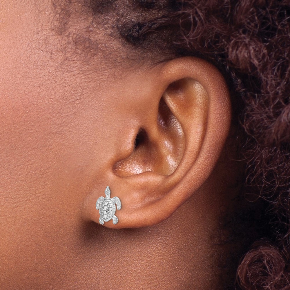 14K White Gold Polished / Textured Sea Turtle Post Earrings (TE627W)