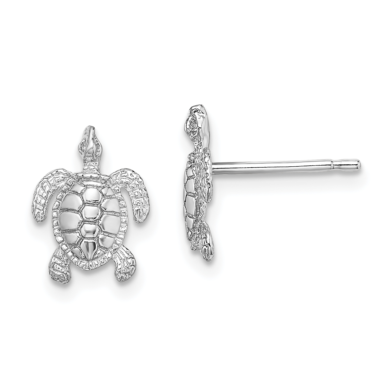 14K White Gold Polished / Textured Sea Turtle Post Earrings (TE627W)