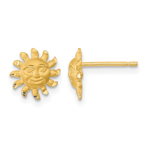 14K Yellow Gold Satin Diamond-cut Sun Earrings with Face Post