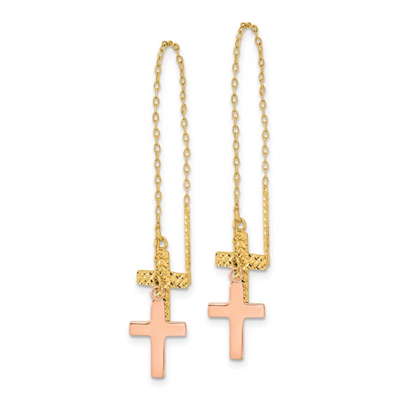 14k Yellow and Rose Gold Diamond-cut Polished 2-Crosses Threader Earrings