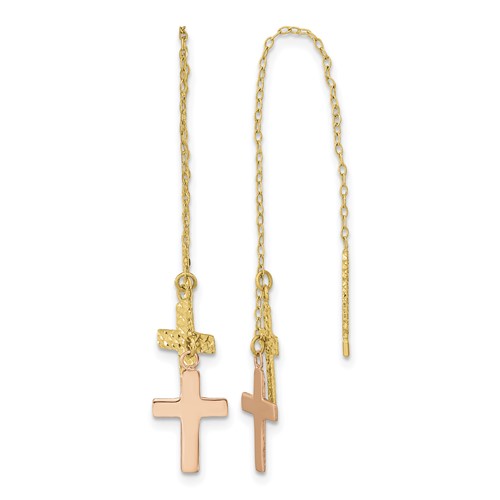 14K Yellow and Rose Gold Diamond-cut Polished 2-Crosses Threader Earrings