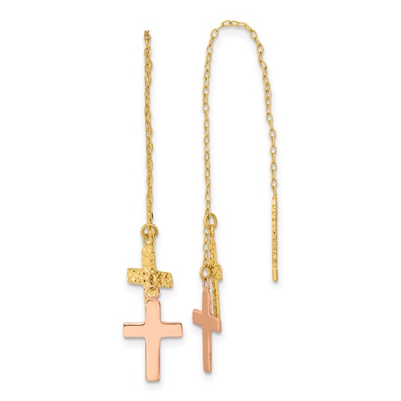 14k Yellow and Rose Gold Diamond-cut Polished 2-Crosses Threader Earrings