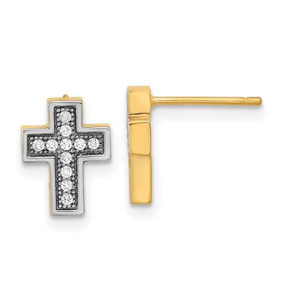 14k w/Rhodium Micro Pavé CZ Cross Post Earrings