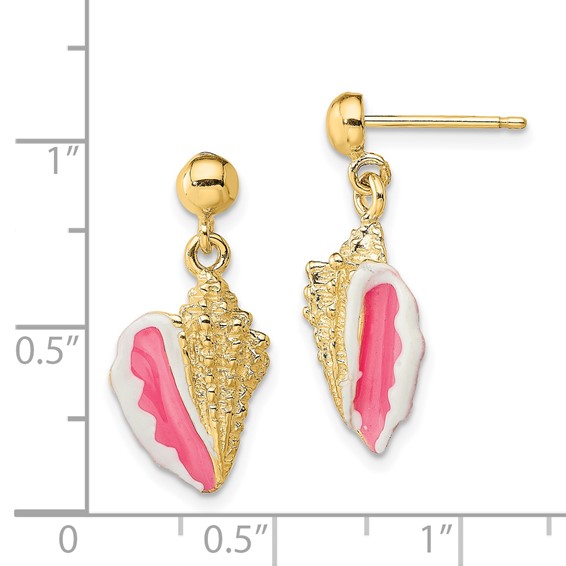 14K White and Pink Enamel Conch Shell Dangle Earrings