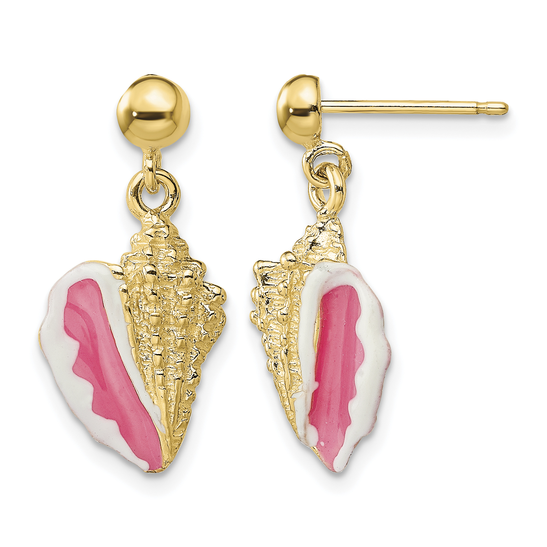 14K White and Pink Enamel Conch Shell Dangle Earrings (TE678)