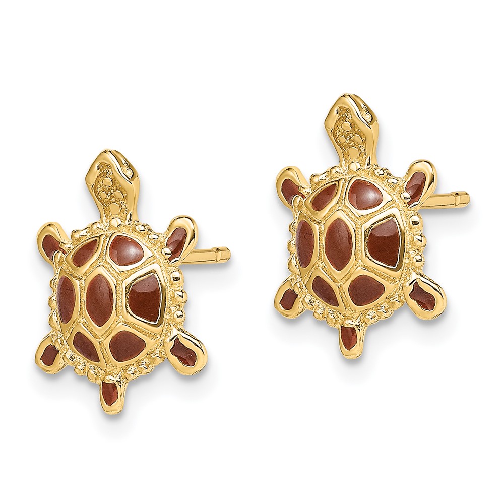 14K Sea Turtle W/Spiny Brown Enamel Shell Earrings (TE679)