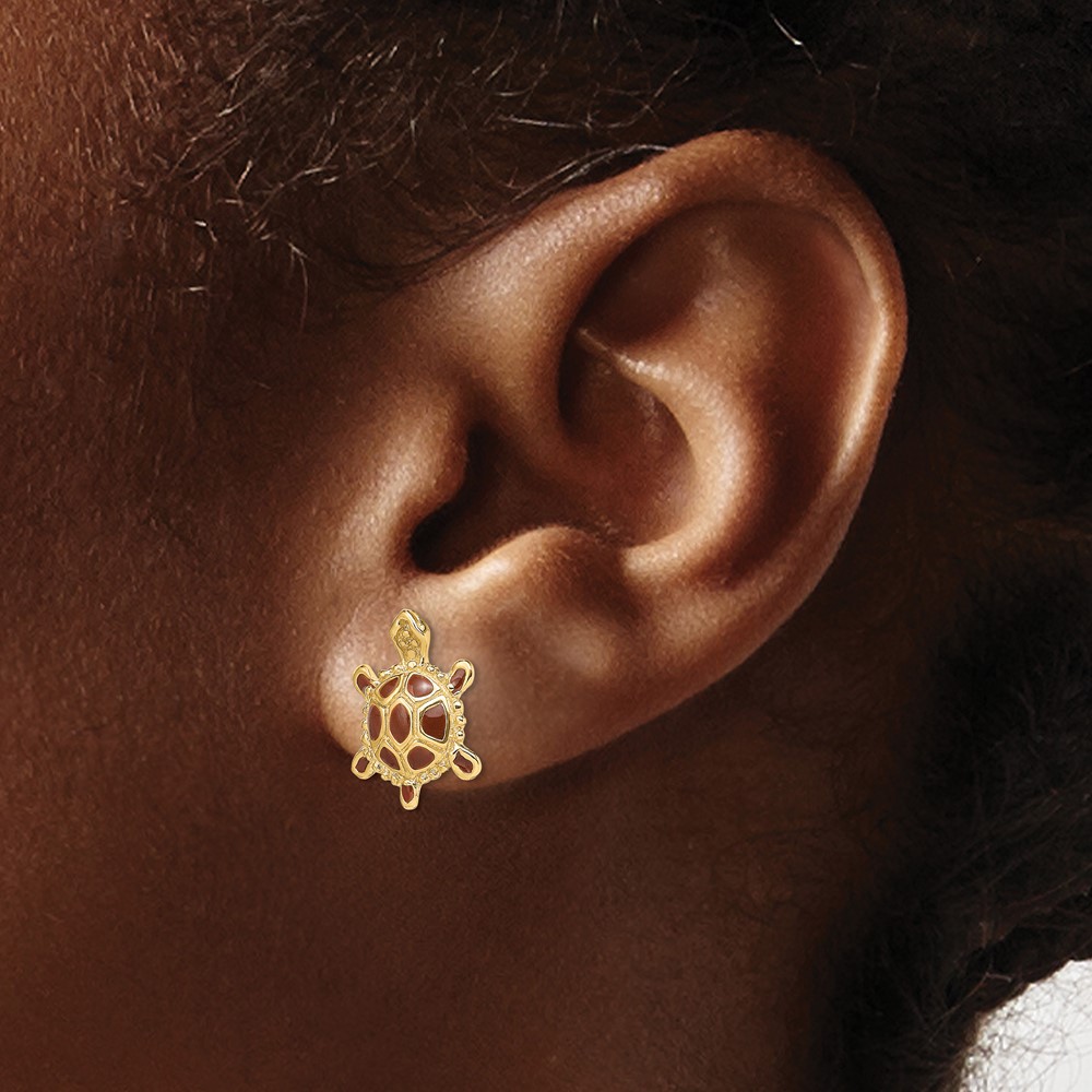 14K Sea Turtle W/Spiny Brown Enamel Shell Earrings (TE679)