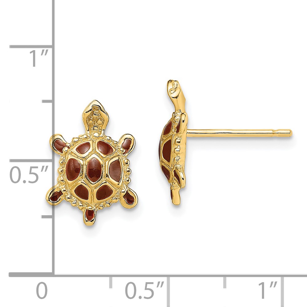 14K Sea Turtle W/Spiny Brown Enamel Shell Earrings (TE679)