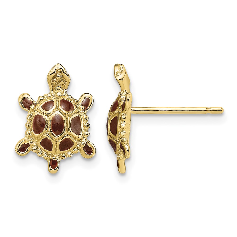14K Sea Turtle W/Spiny Brown Enamel Shell Earrings (TE679)