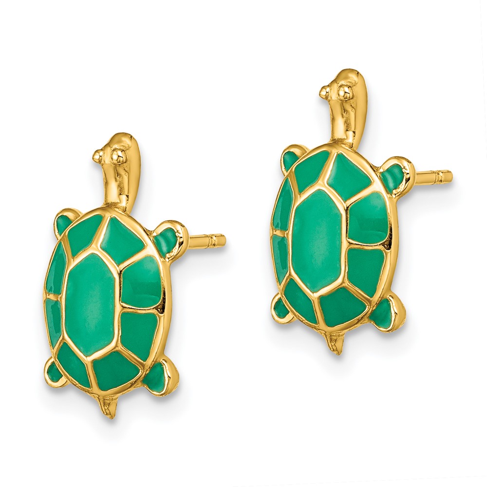 14K Land Turtle W/Green Enamel Shell Earrings (TE687)