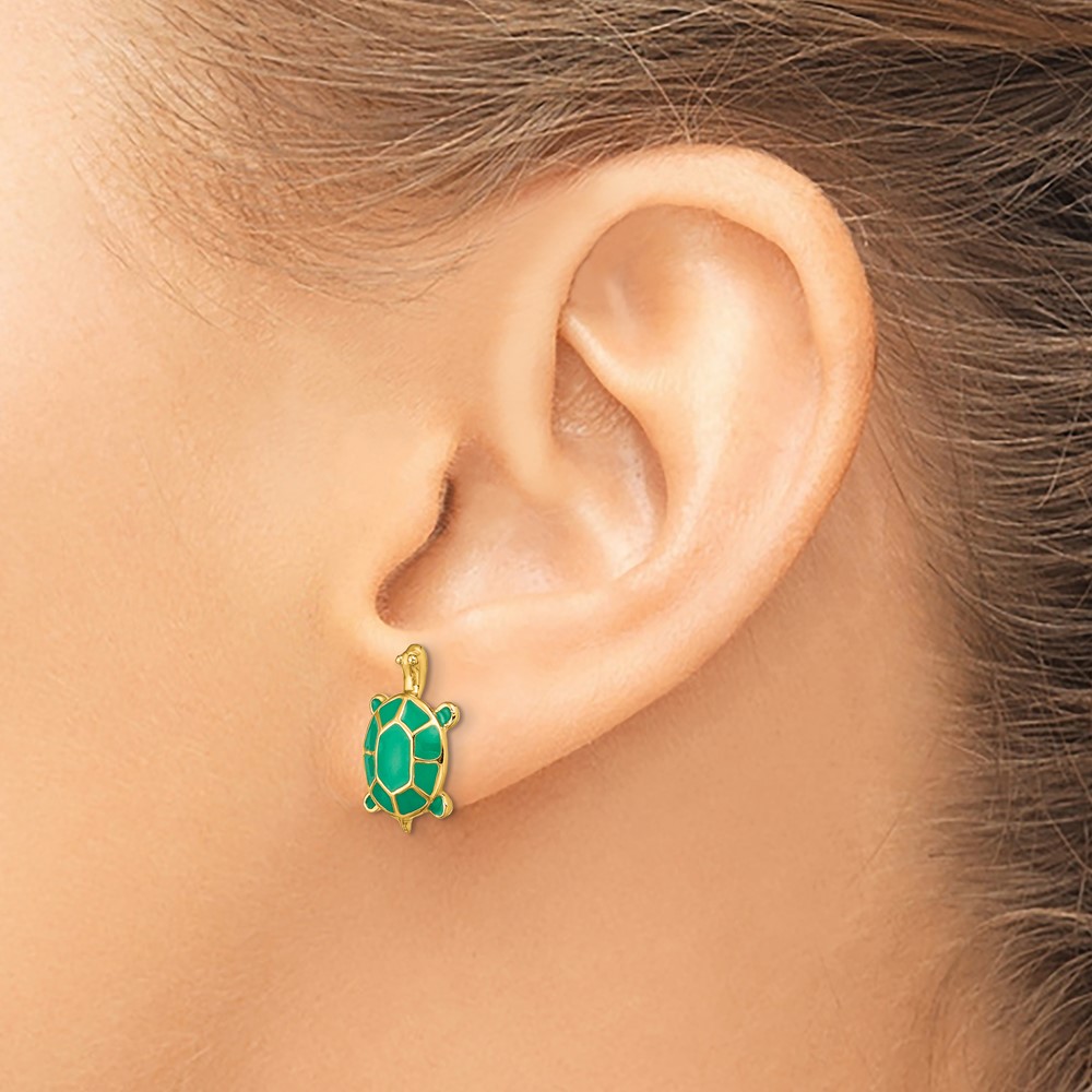 14K Land Turtle W/Green Enamel Shell Earrings (TE687)