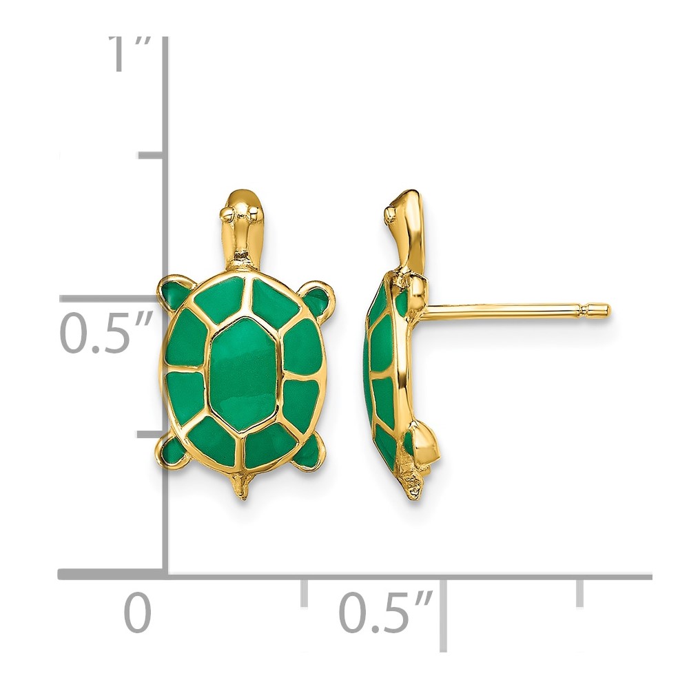 14K Land Turtle W/Green Enamel Shell Earrings (TE687)