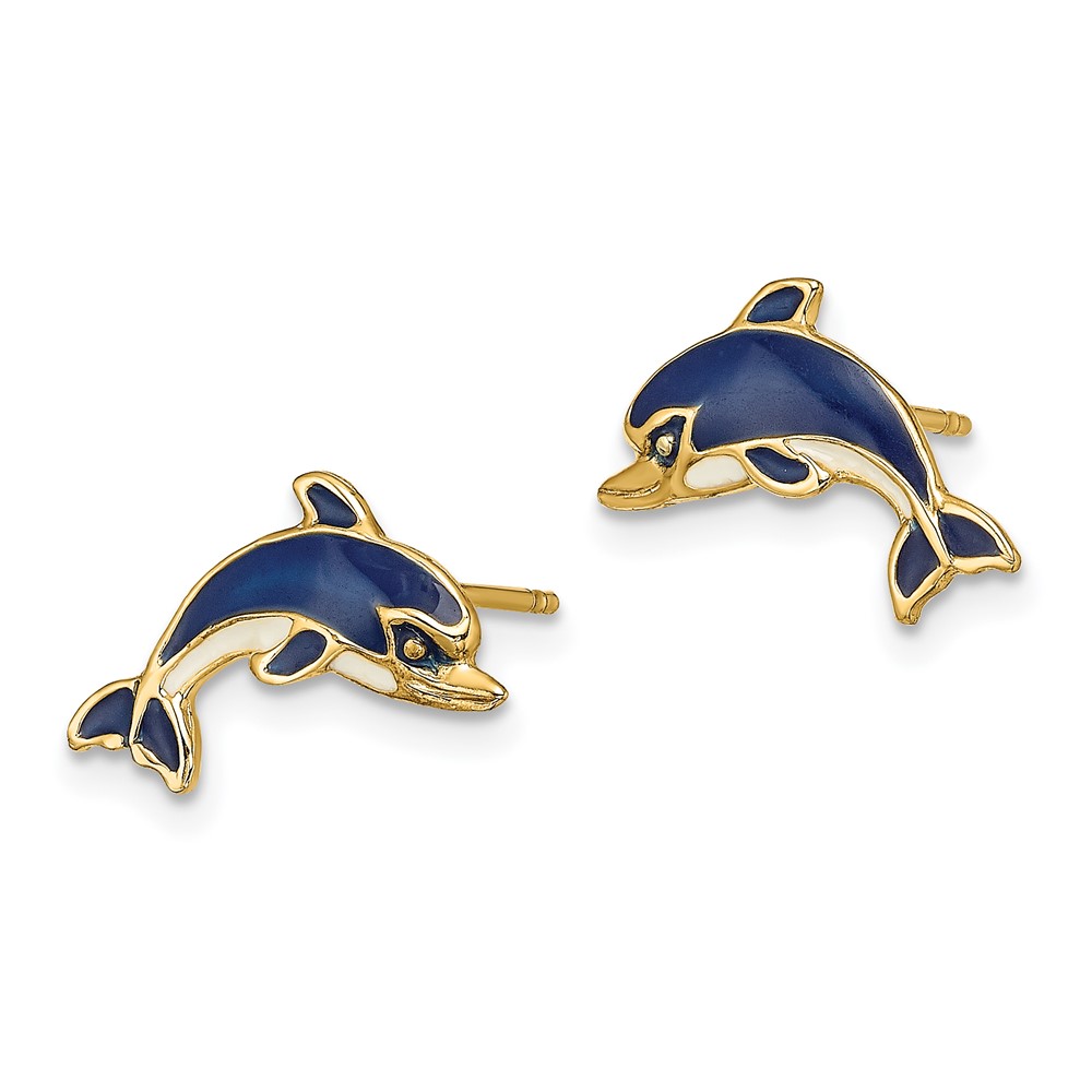 14K Blue and White Enamel Dolphin Post Earrings (TE689)