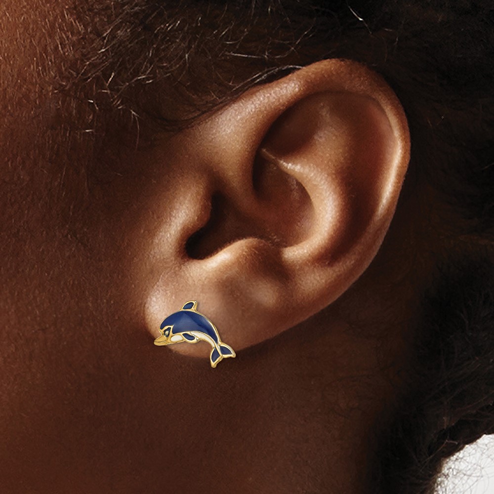 14K Blue and White Enamel Dolphin Post Earrings (TE689)