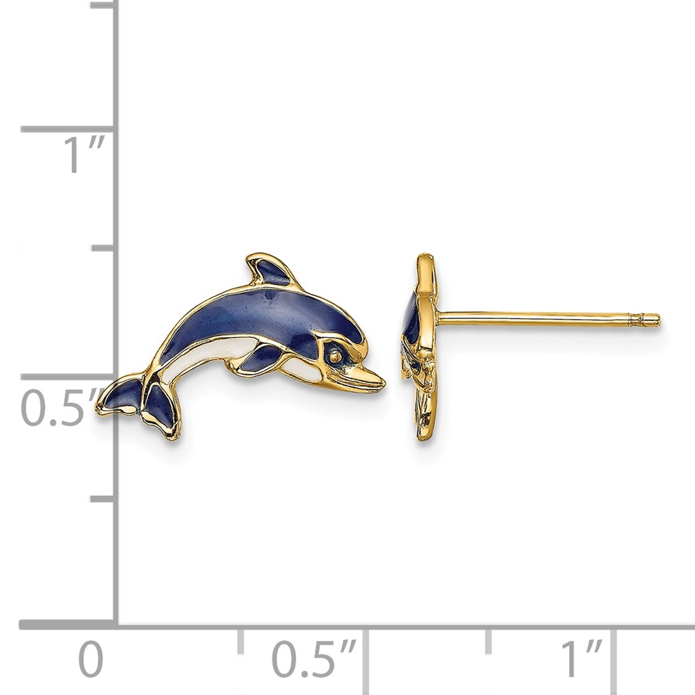 14K Blue and White Enamel Dolphin Post Earrings (TE689)