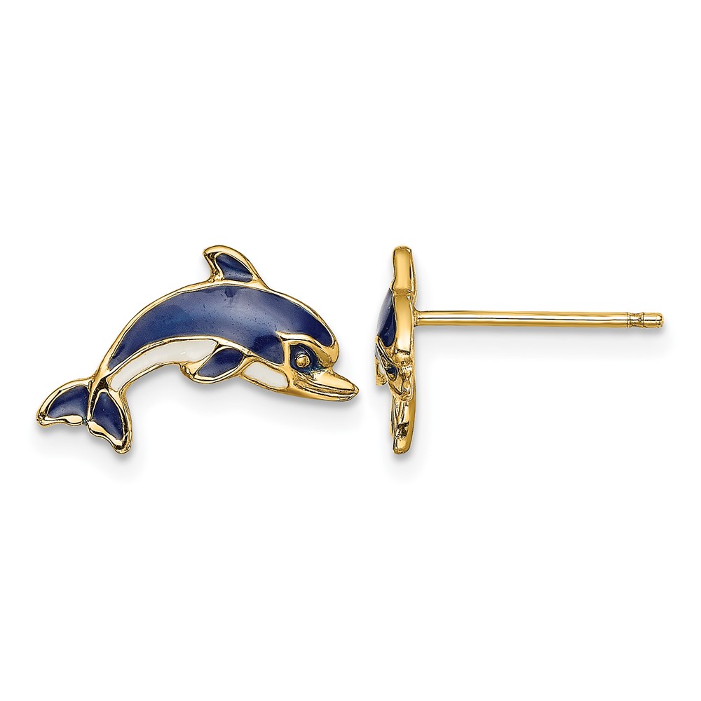 14K Blue and White Enamel Dolphin Post Earrings (TE689)