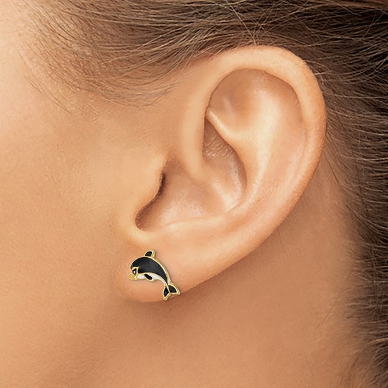 14K White and Black Enamel Dolphin Post Earrings