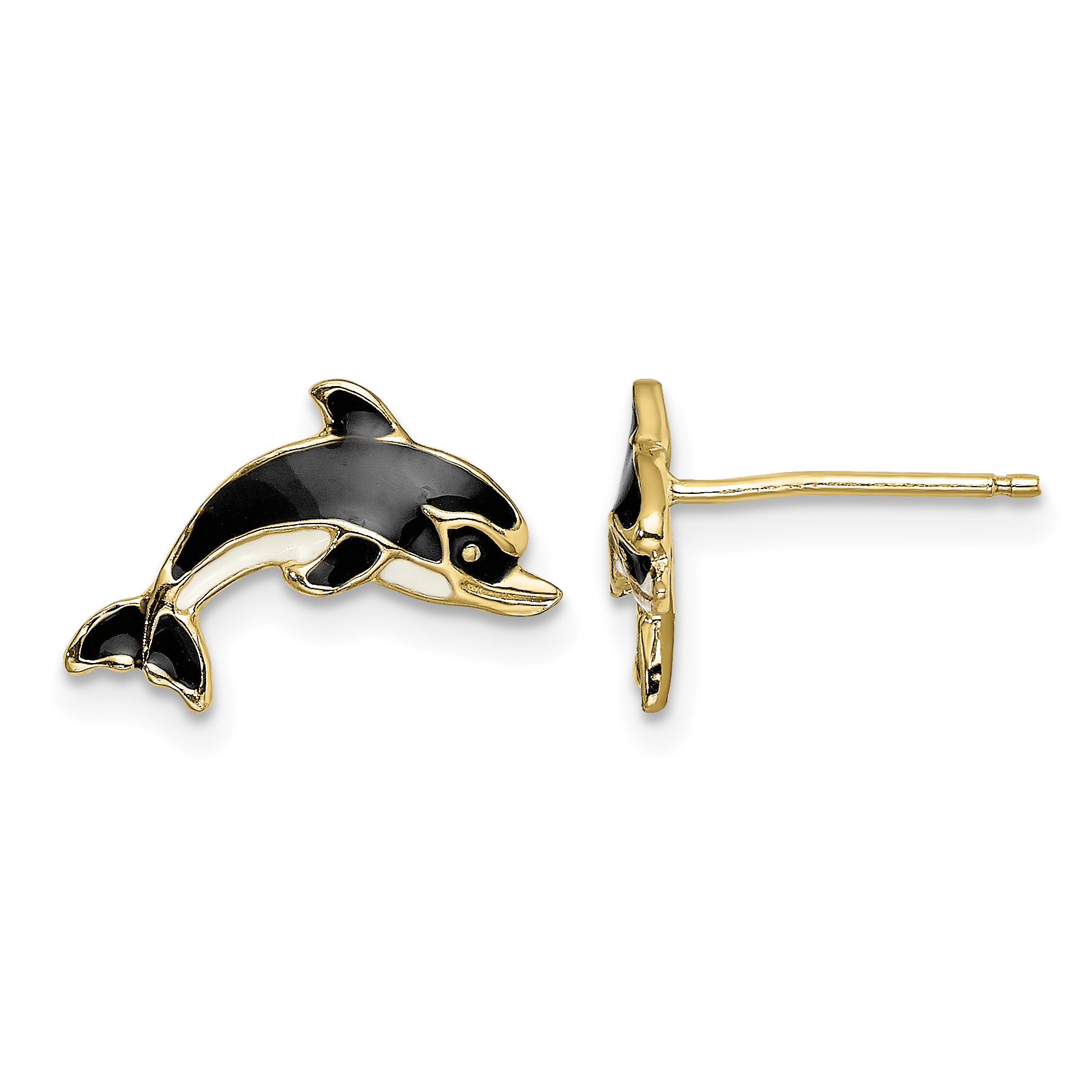 14K White and Black Enamel Dolphin Post Earrings (TE690)