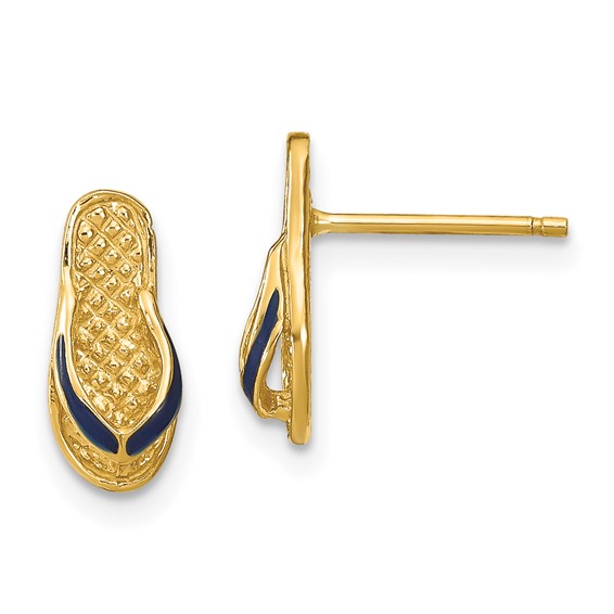 14k  3-D with Blue Enamel Single Flip-Flop Post Earrings