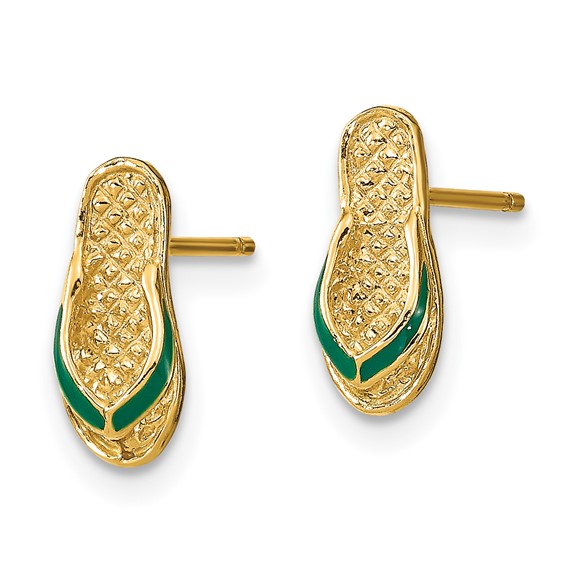 14k  3-D with Green Enamel Flip-Flop Post Earrings