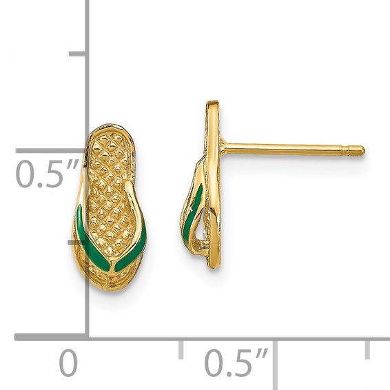 14k  3-D with Green Enamel Flip-Flop Post Earrings